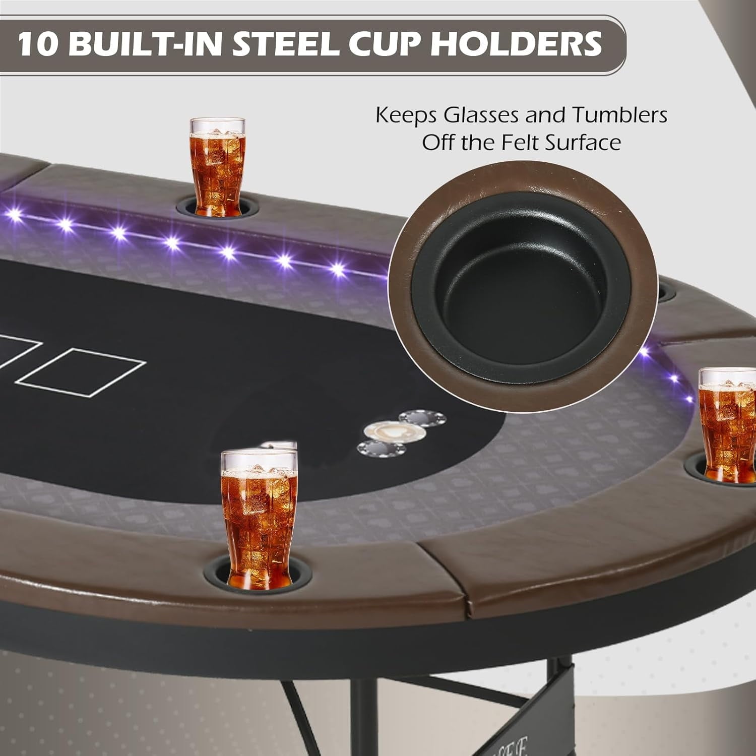 LED Poker Table 10 Player Foldable Texas Holdem Table w/Inlaid LED Light 2 USB 2 Type-c Ports Portable Blackjac for Texas Card Game w/Cup Holders and Padded Rails Brown 84 inch