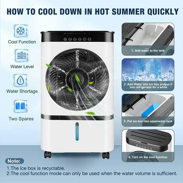 YouYeap Air Cooler Portable Evaporative Air Cooler Fan with Remote Control Casters Suitable for Home Office