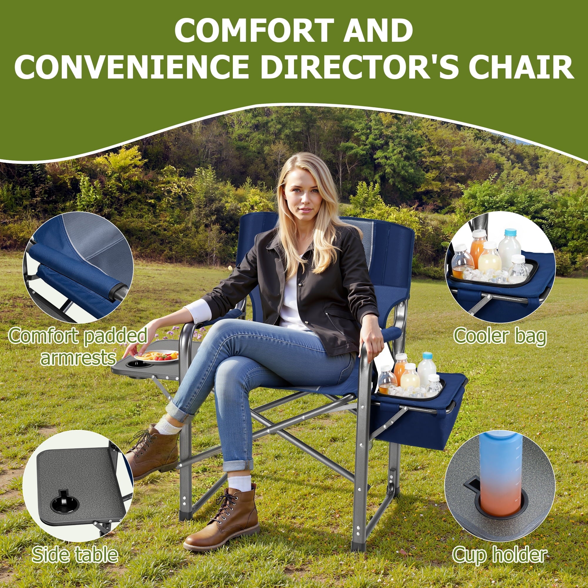 SUGIFT 300lbs Folding Camping Chairs with Cooler Bag Lawn Chairs with Side Table for Outdoor Lawn Sports Fishing Blue