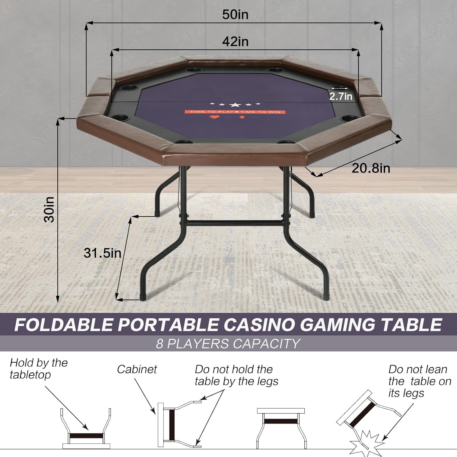 SUGIFT 8 Players Poker Table Foldable 50inch Upgraded Folding Octagon Casion Table Portable Texas Holedem Table w/Stainless Steel Cup Holders Water-Resistant Cushioned Rail 50inch Brown