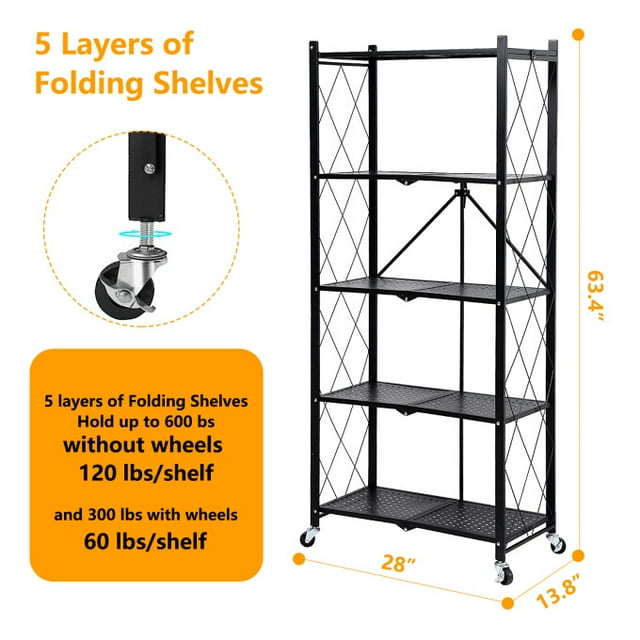 SUGIFT 5 Tier Foldable Storage Shelves for Storage, Metal Shelving Units, Storage Rack for Garage, Kitchen, Basement, Pantry, Black