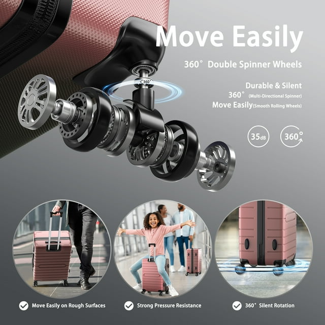 SUGIFT 3 Piece Luggage Set, Hardside Luggage Spinner Wheels Suitcase Carry on Luggage, TSA Lock, 20in24in28in, Rose Gold