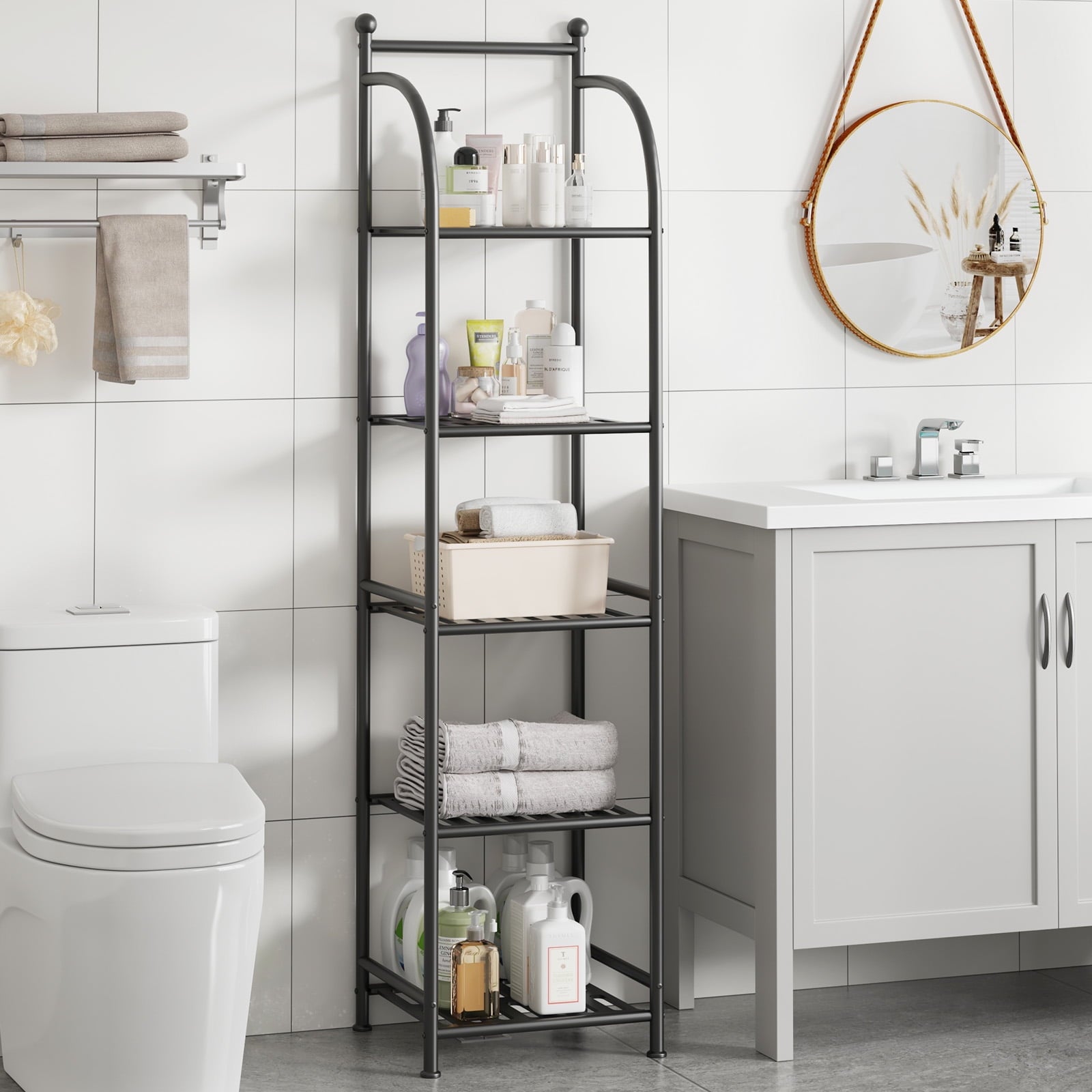 SUGIFT 5 Shelf Bathroom Storage Shelf Unit Shower Shelves for Storage and Towel Display, Black