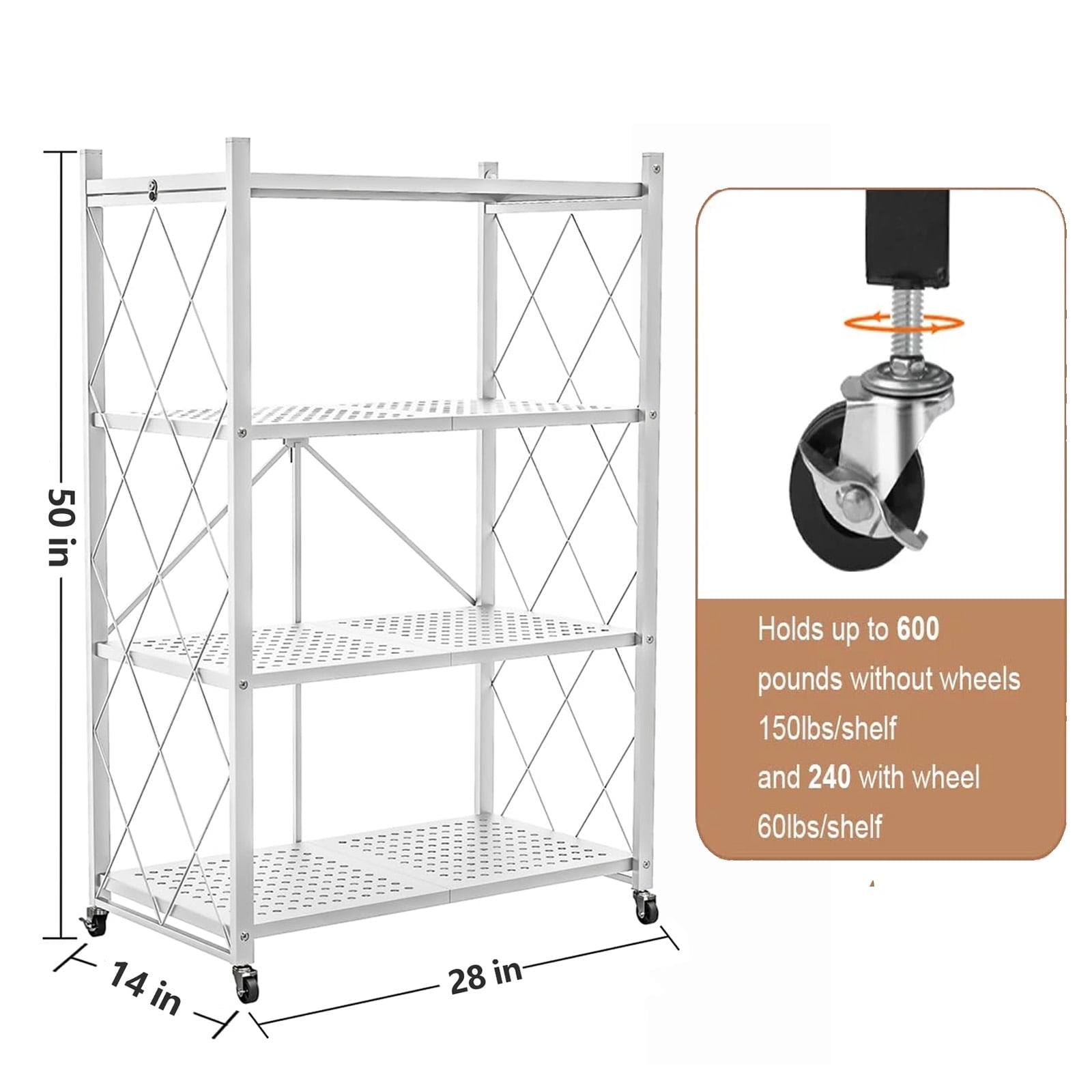 Vebreda 4-Tier Folding Storage Shelves Metal Folding Shelves with Wheels, 600Lbs Capacity, White