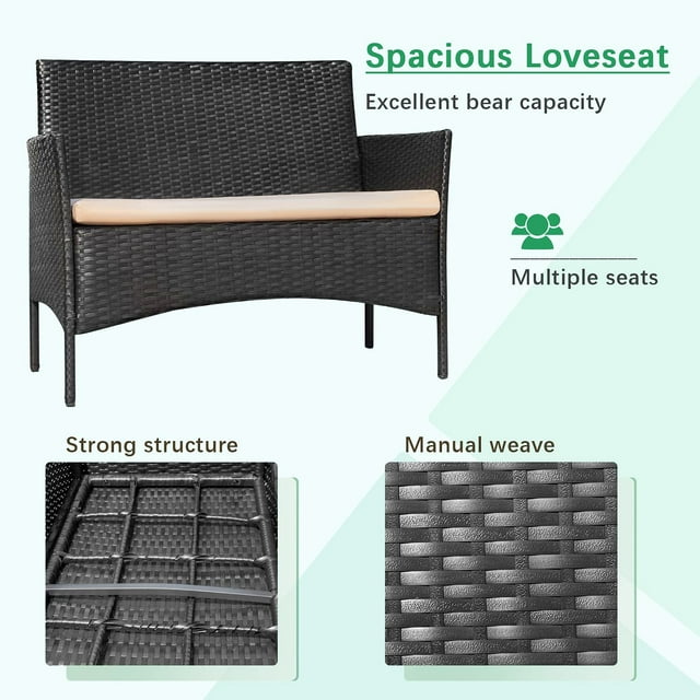 SUGIFT 4-Piece Outdoor Patio Rattan Furniture Set Conversation Set Cushioned Sofa Table Black