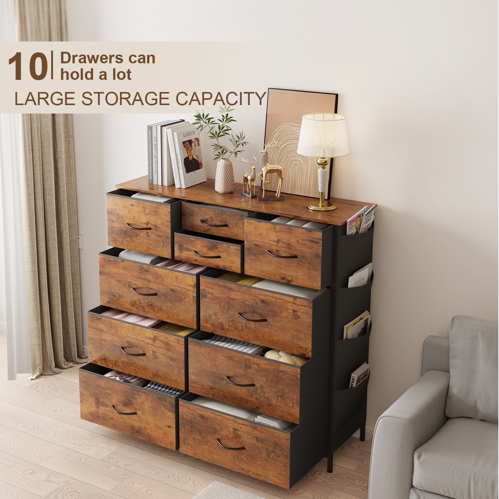 SUGIFT 10 Drawers Dresser for Bedroom, Fabric Storage Organizer Unit for Living Room, Hallway (Rustic Brown)