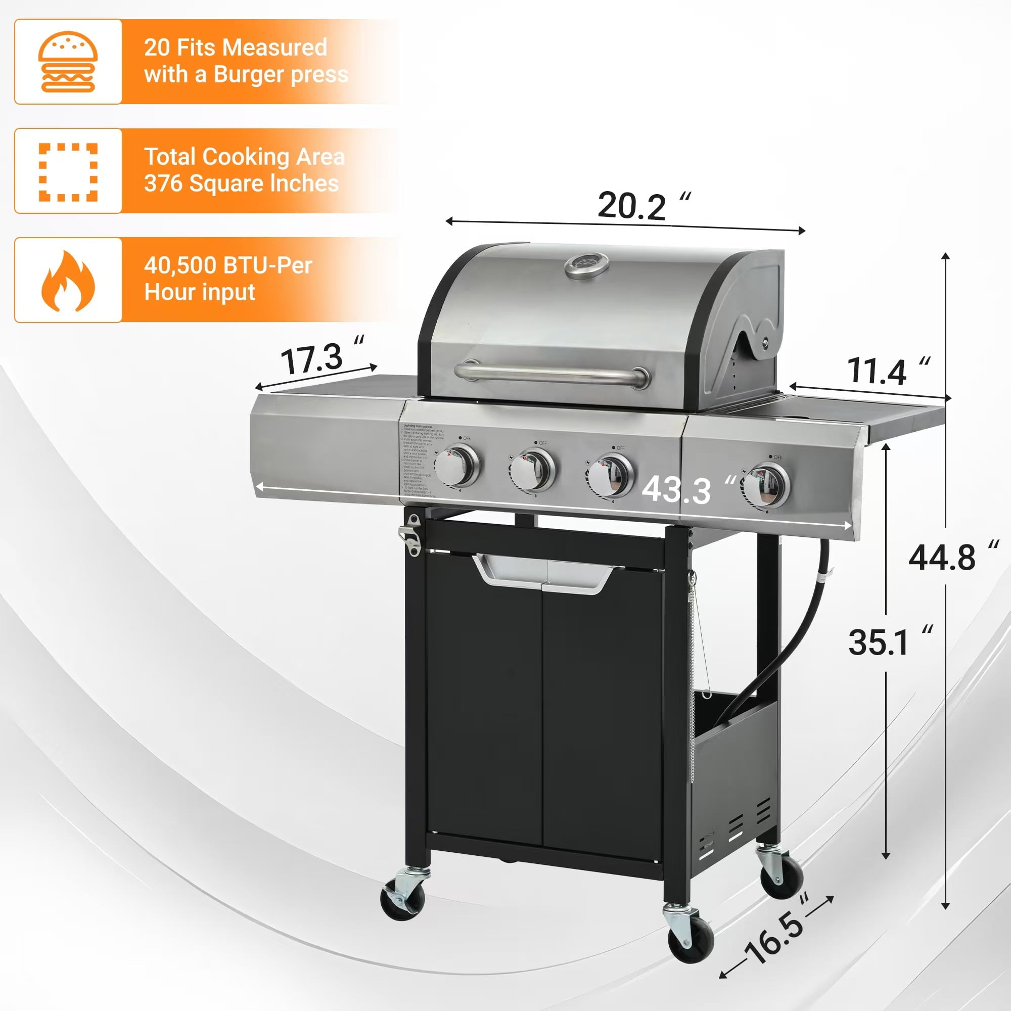 SUGIFT Propane Grill 3 Burner Barbecue Grill Stainless Steel Gas Grill with Side Burner & grill Cover