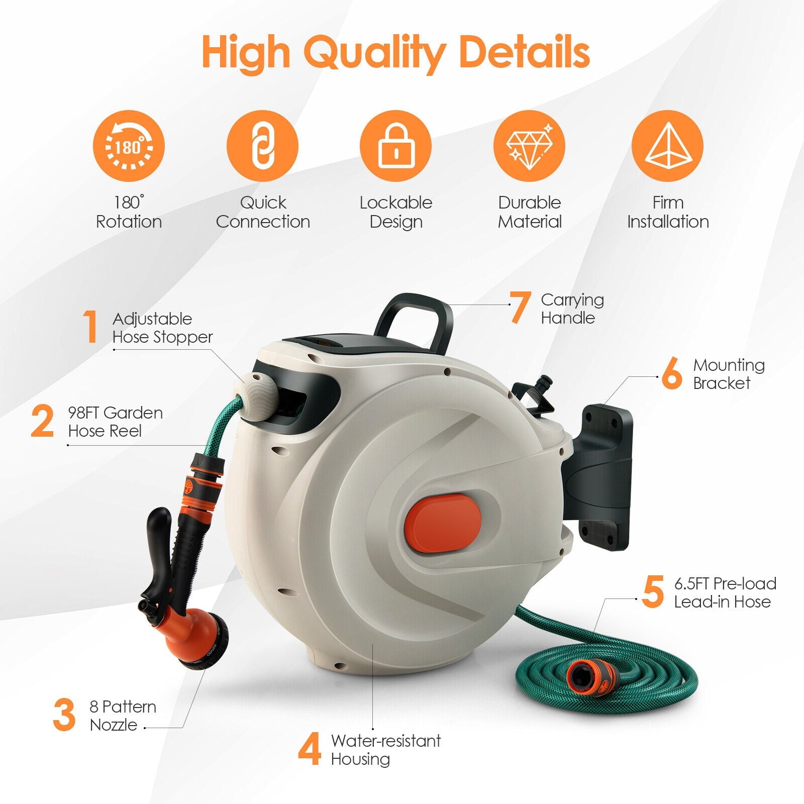 SUGIFT Retractable Hose Reel Wall Mounted 1/2 inch 98 feet Any Length Lock with Hose Nozzle for Garden White