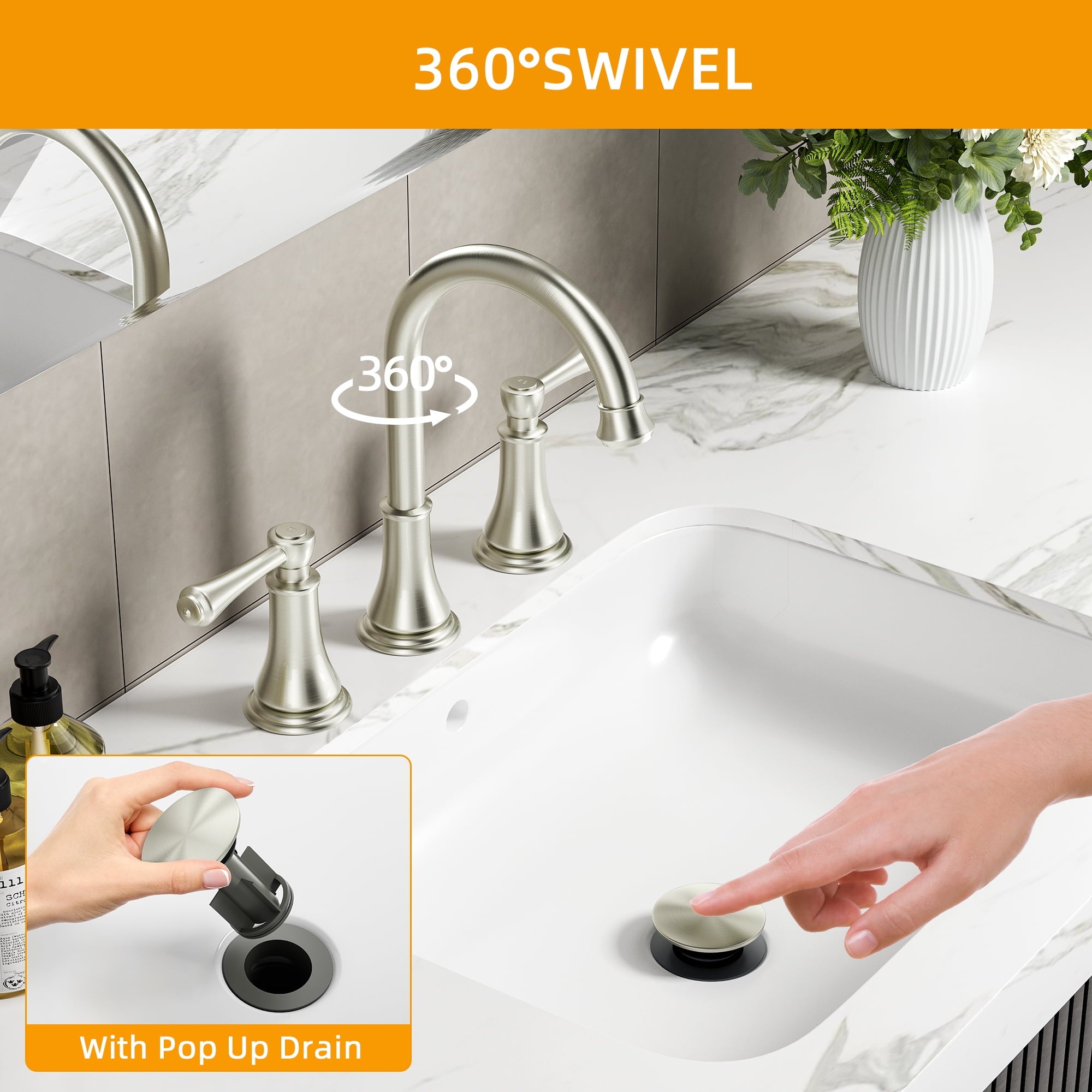 SUGIFT 8in Widespread Bathroom Faucet, Brushed Nickel Bathroom Vanity Sink Faucets with Pop-up Drain and Supply Hoses