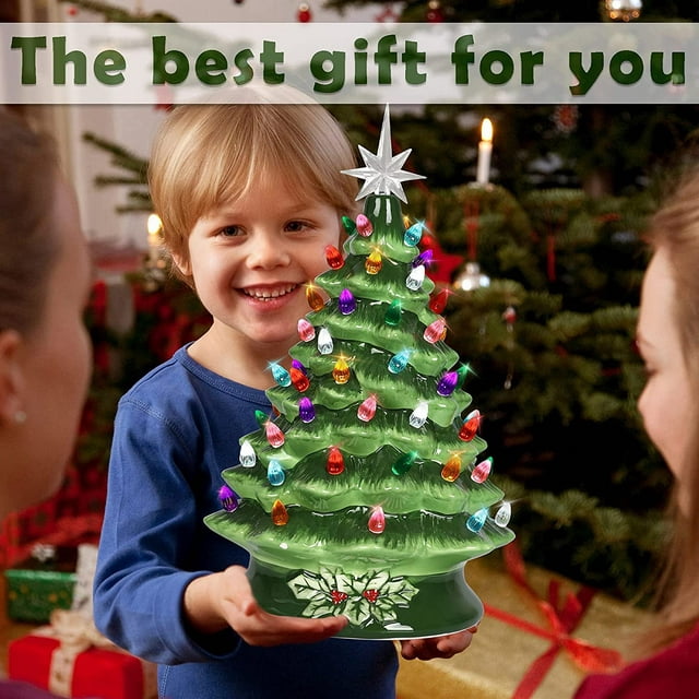 SUGIFT 15in Pre-lit Hand-Painted Ceramic Tabletop Christmas Tree Green
