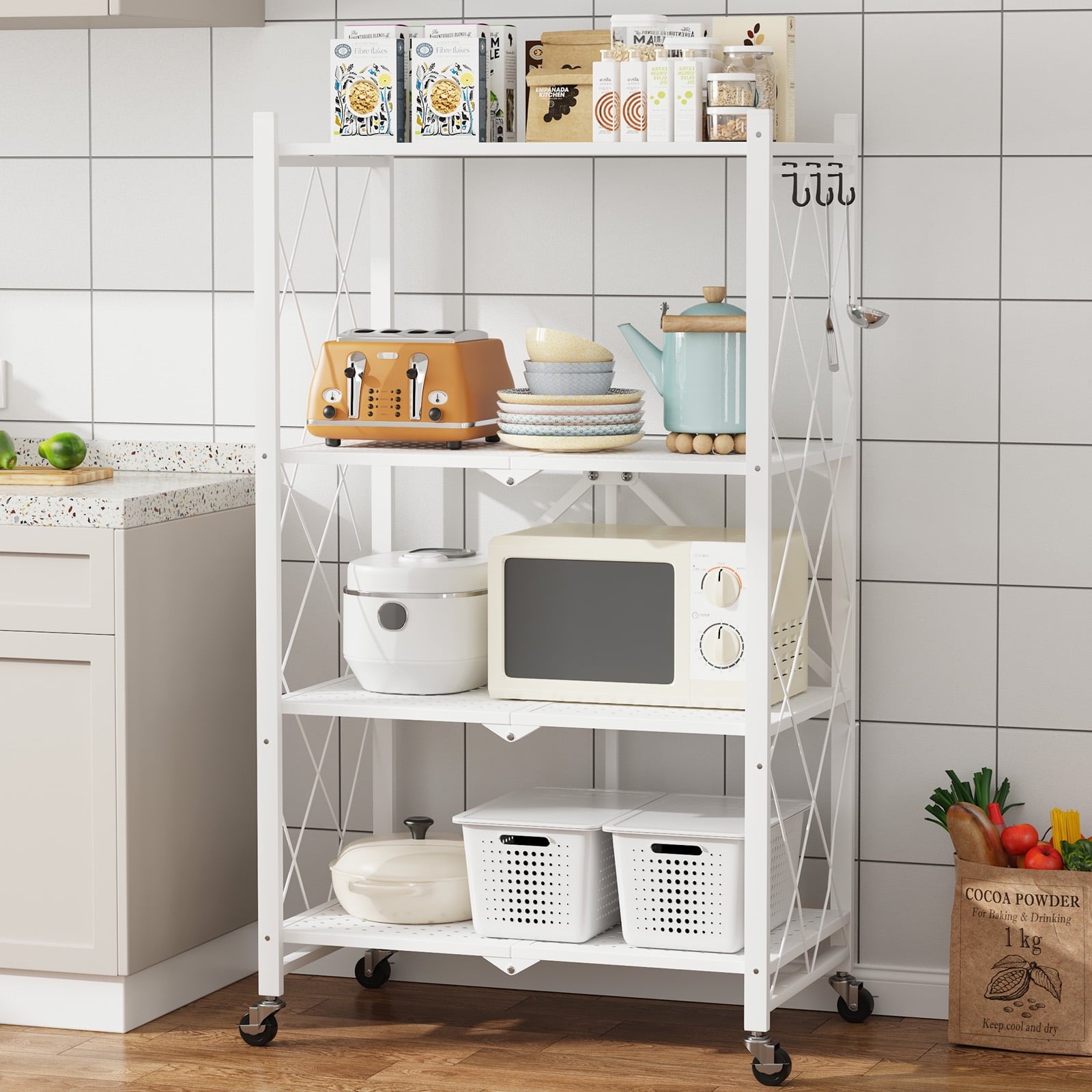Vebreda 4-Tier Folding Storage Shelves Metal Folding Shelves with Wheels, 600Lbs Capacity, White