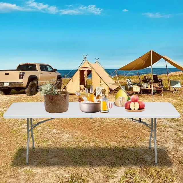 TBKLEY 8ft Portable Plastic Folding Tables for Home Garden Office Indoor Outdoor, White