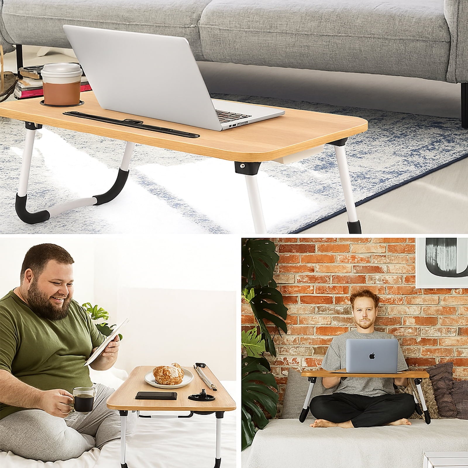 SUGIFT 23.6 Inch Foldable Lap Desk with Slots/Cup Holder/Drawer for Reading Writing Eating Watching, Walnut