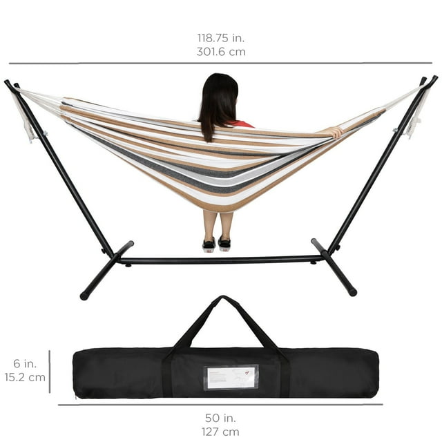 SUGIFT 2-Person Cotton Hammock with Space Saving Steel Stand Garden Yard Outdoor 450lb Capacity, Desert Stripes