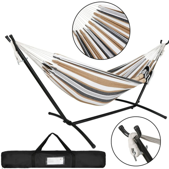 SUGIFT 2-Person Cotton Hammock with Space Saving Steel Stand Garden Yard Outdoor 450lb Capacity, Desert Stripes
