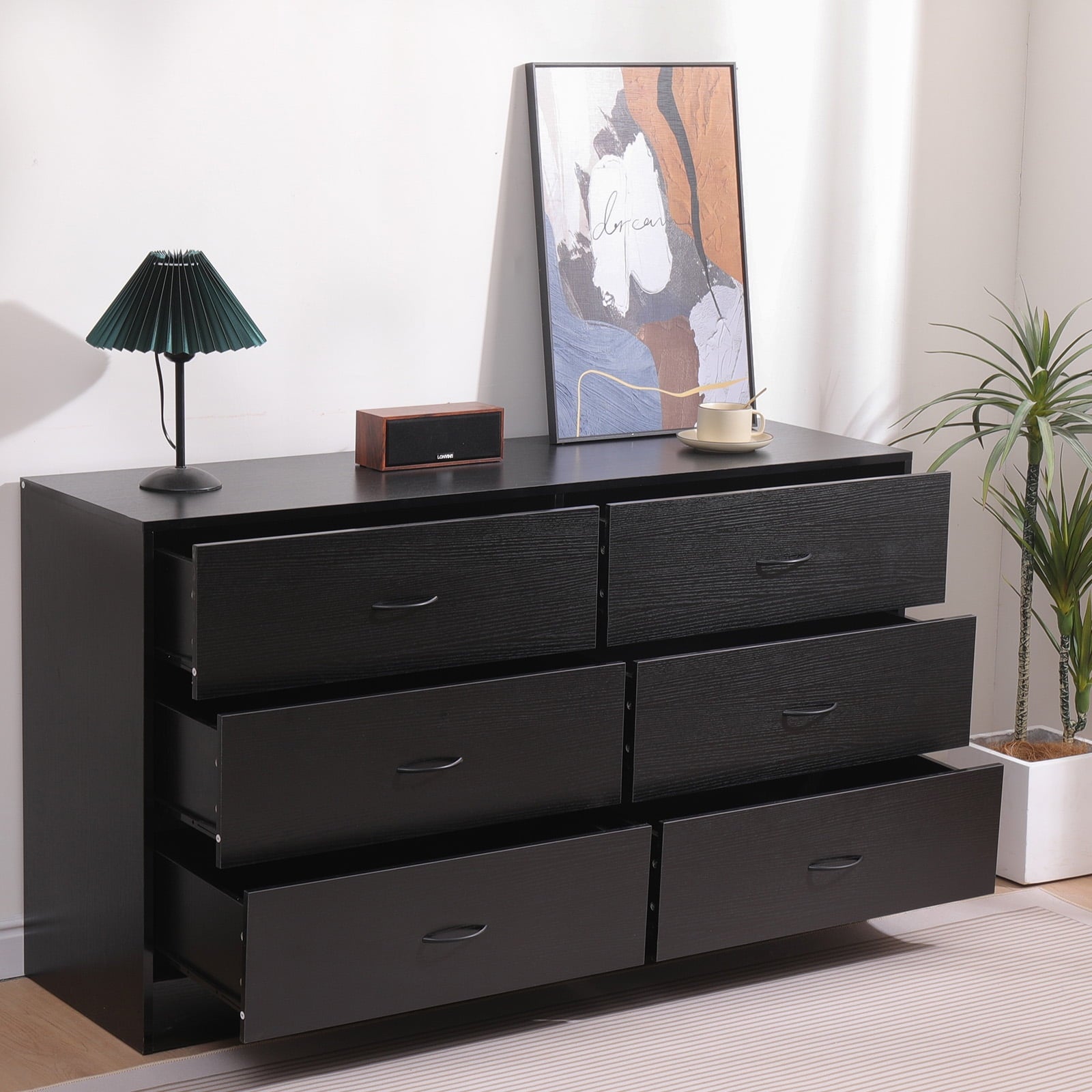 SUGIFT 6 Drawer Double Dresser Black Wood Dresser for Bedroom SUGIFT 6 Drawer Double Dresser Black Wood Dresser for Bedroom