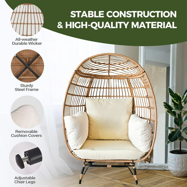 SUGIFT Wicker Egg Chair Oversized Indoor Outdoor Patio Lounger with Steel Frame, 440lb Capacity, Beige