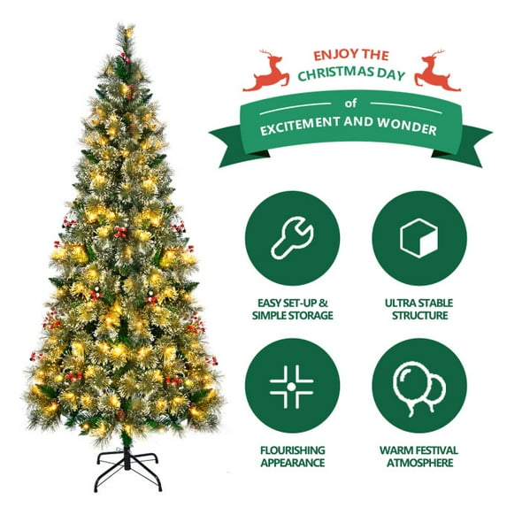 SUGIFT 6.5ft Pre-Lit Christmas Tree, Hinged Artificial Tree with 200 Lights