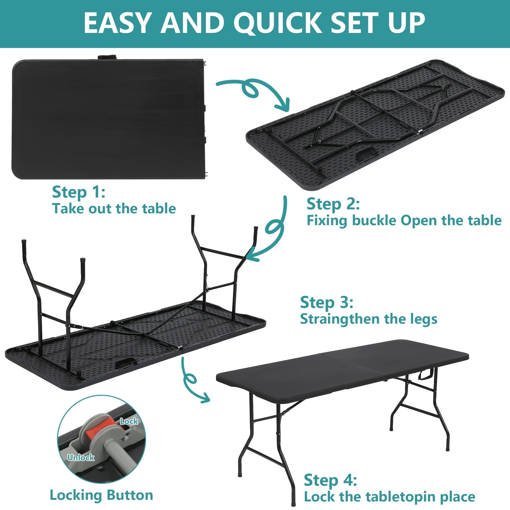 SUGIFT 5 ft Folding Table Plastic Foldable Table Portable Plastic Table for Indoor Outdoor Use and Events, Black