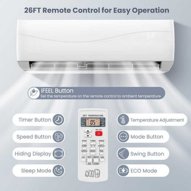 SUGIFT 9000 BTU Split Air Conditioner & Heater Wall Mount AC Unit with Remote Control