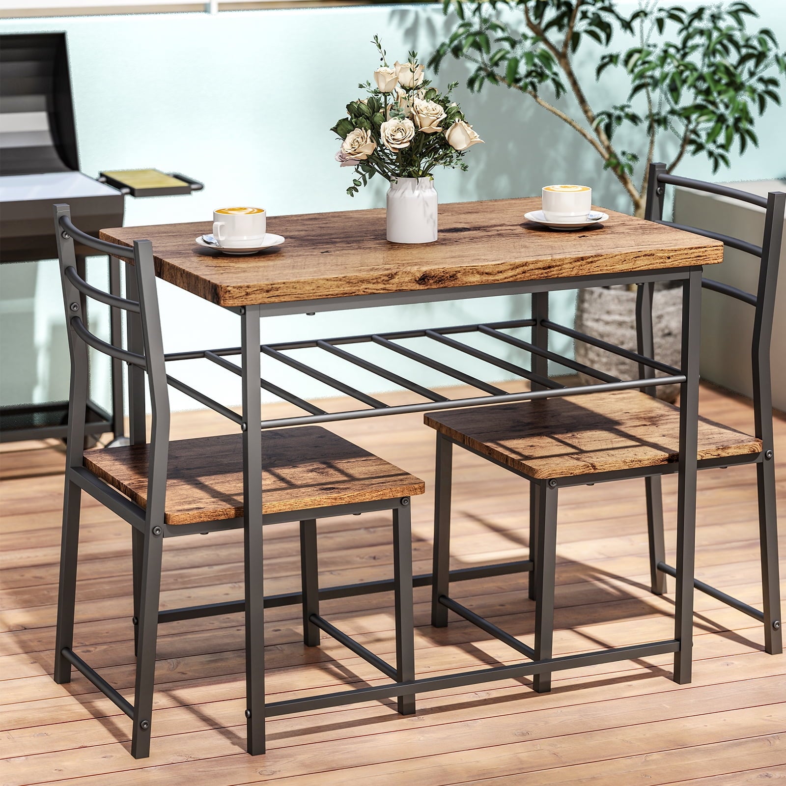 SUGIFT 3-Piece Modern Dining Table Set for 2, Square Table & Chairs Set w/ Steel Frame, Storage Rack, Brown