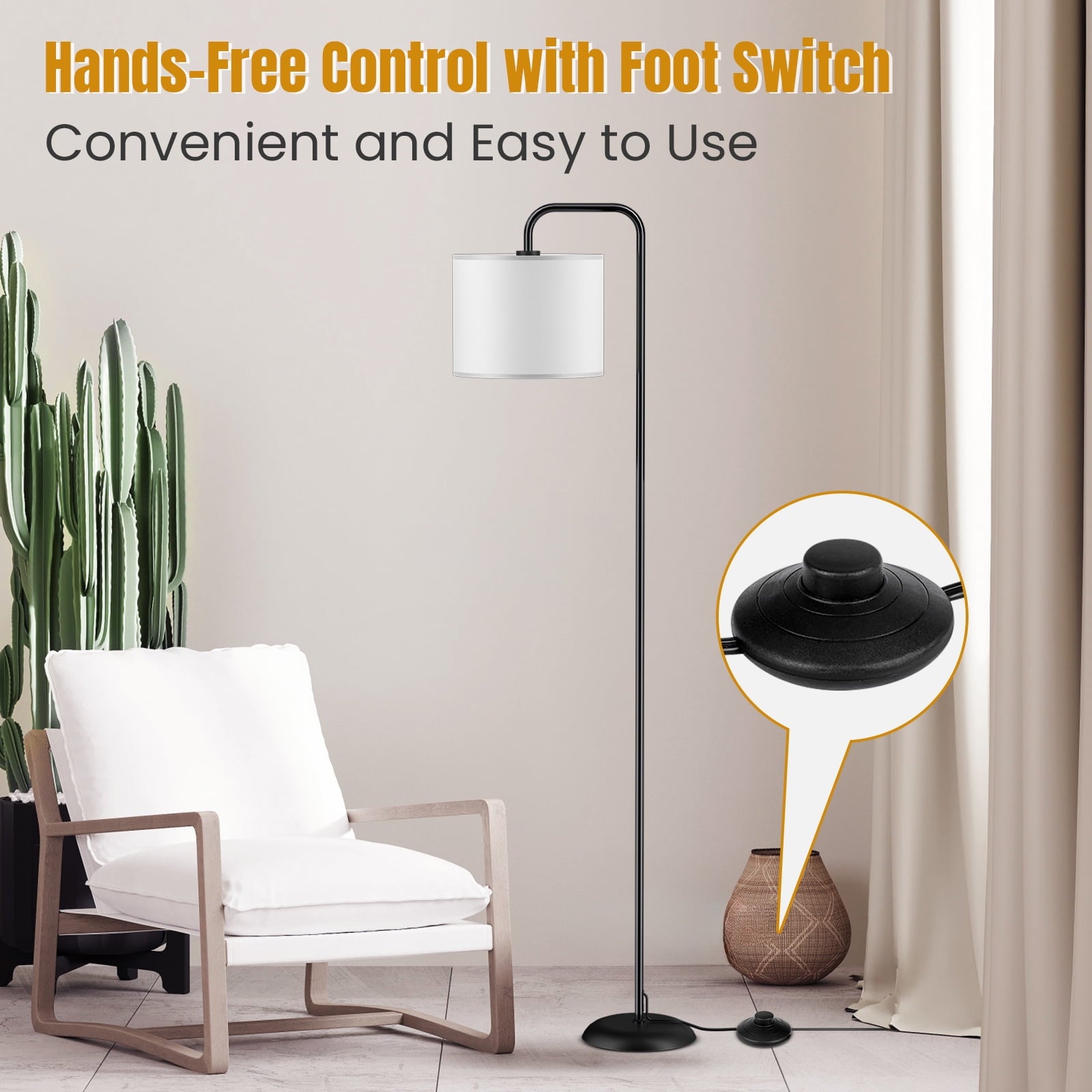 Harigal Floor Lamp for Living Room with 3 Color Temperatures Tall Standing Lamp with Linen Shade Footswitch (12W LED Bulb Included) Black