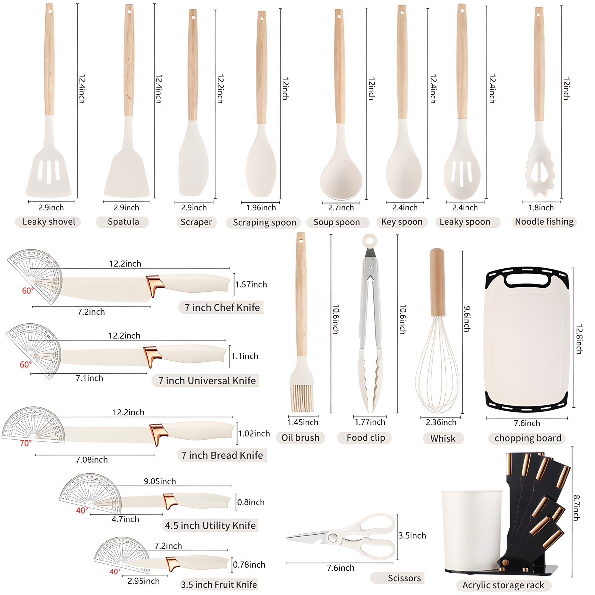SUGIFT 19 Pcs Silicone Kitchen Utensils Set with Knives Set Wooden Handles Cooking Tools with Block Cream White