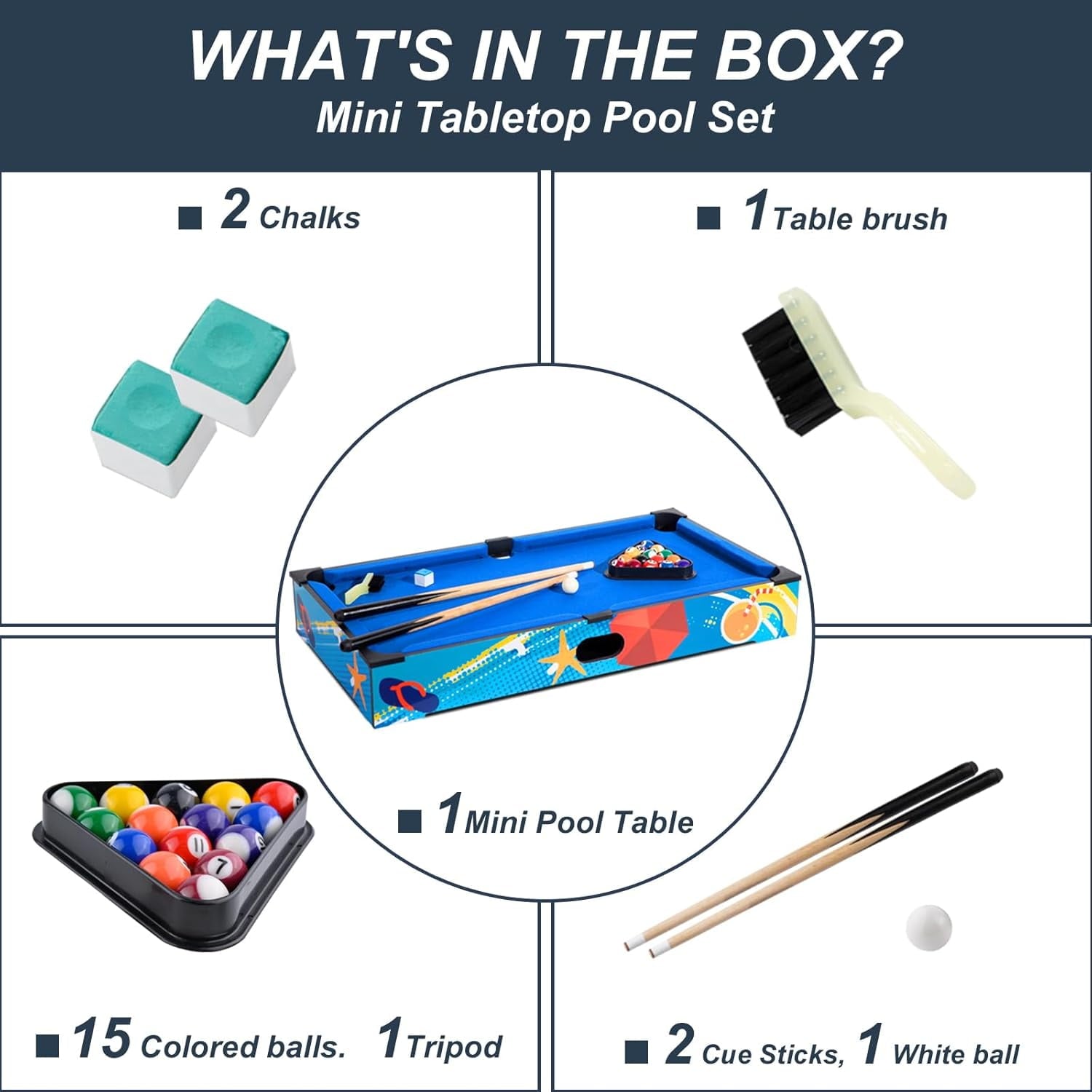 SUGIFT 27in Mini Pool Table Set Tabletop Portable Billiards Game w/Small Billiards Balls Pool Cues Triangle Rack Chalk Brush for Adults Kids Cats Toddlers