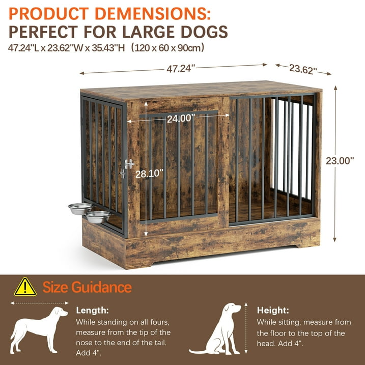 SUGIFT 47in Wooden Dog Crate Furniture with Double Doors, Rustic Brown Indoor Dog Kennel End Table for Large Dogs