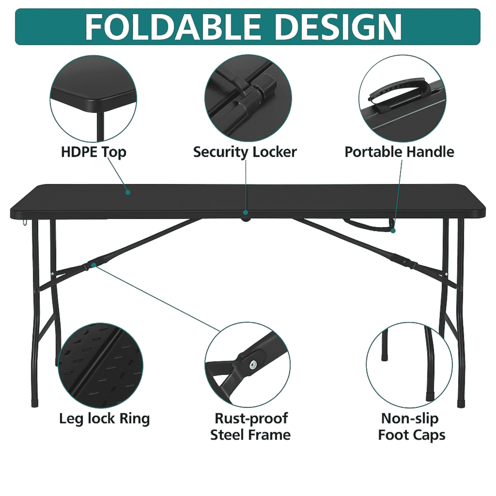 SUGIFT 5 ft Folding Table Plastic Foldable Table Portable Plastic Table for Indoor Outdoor Use and Events, Black