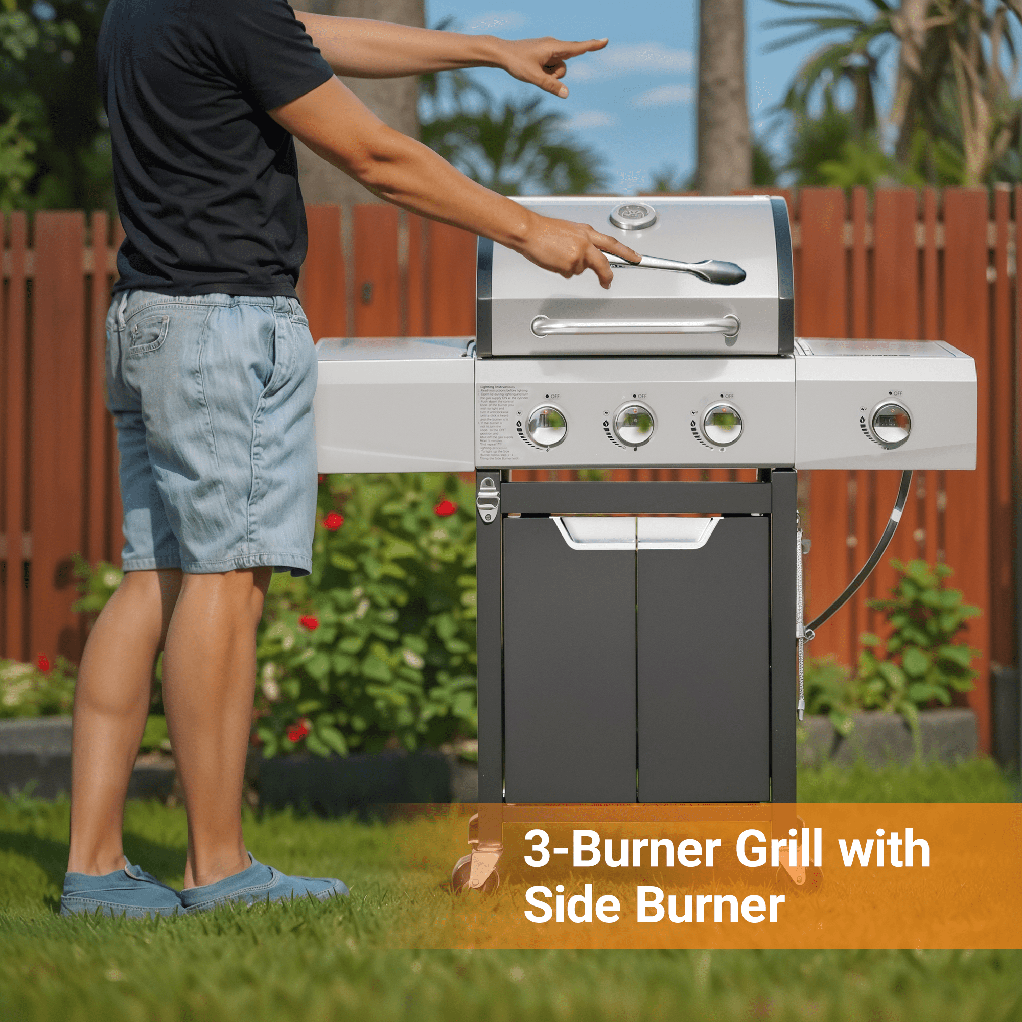 SUGIFT Propane Grill 3 Burner Barbecue Grill Stainless Steel Gas Grill with Side Burner & grill Cover