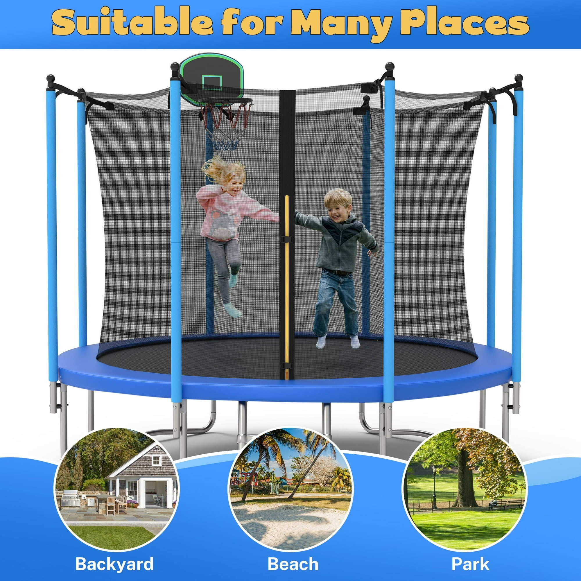 SUGIFT 10ft Trampoline for Kids with Basketball Hoop and Enclosure Net