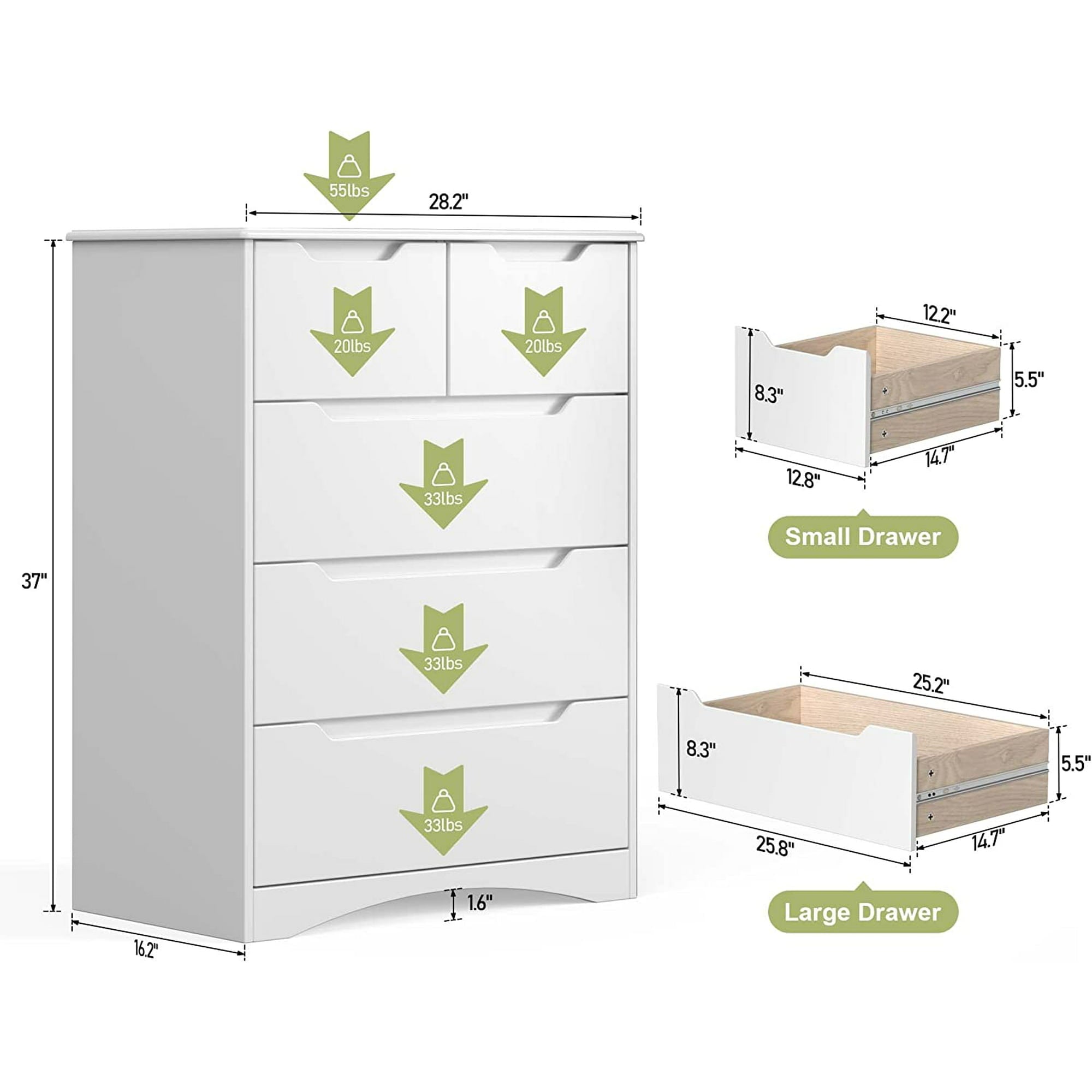 SUGIFT 5 Drawer Dresser Wood Chest of Drawers with Storage, Gray
