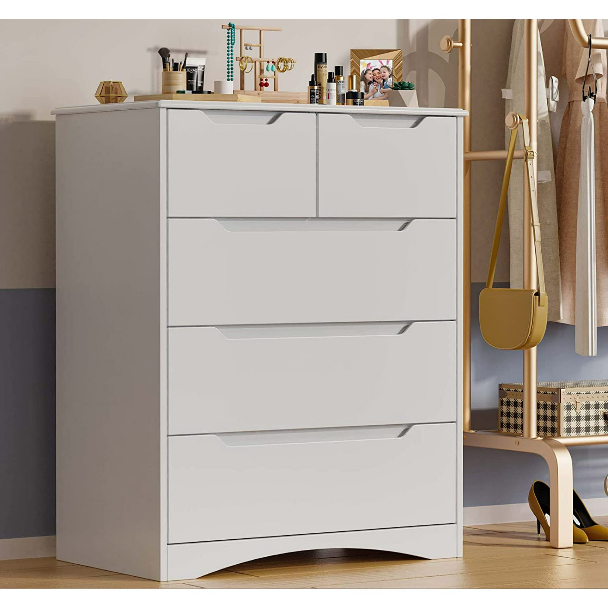 SUGIFT 5 Drawer Dresser Wood Chest of Drawers with Storage, Gray