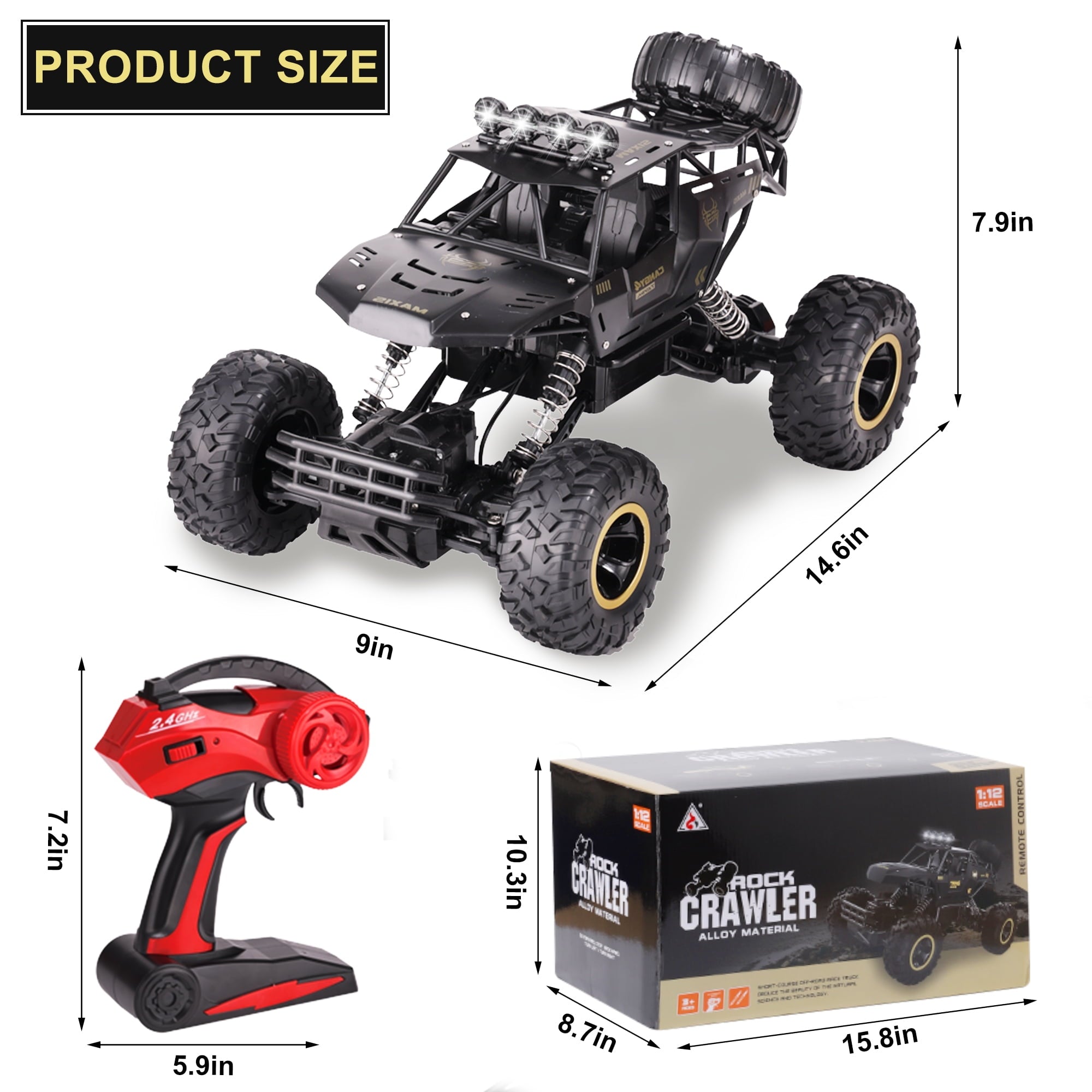 SUGIFT 1 12 Rc Car Off Road Truck Remote Control Car Metal Shell 2 4G 4WD Dual Motors with 2 Batteries Black