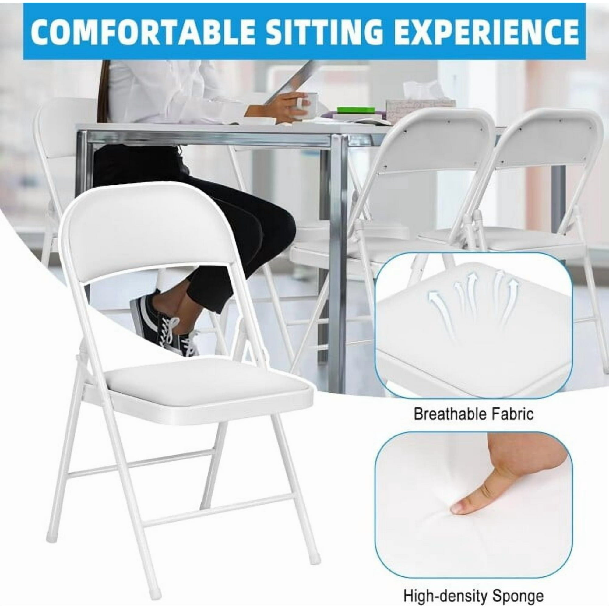 SUGIFT Deluxe Padded Seat and Metal Back Folding Chairs, White, 6 Pack