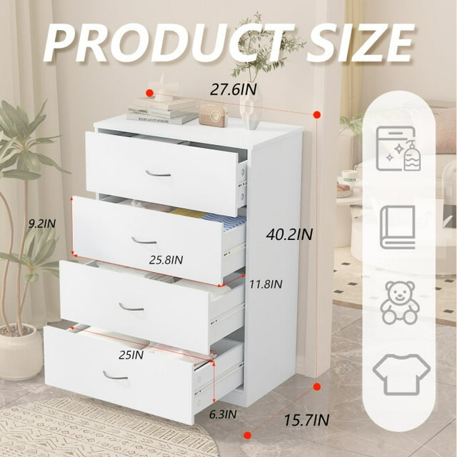 SUGIFT 4 Drawer Dresser, Modern Storage Cabinet for Bedroom, White Chest of Drawers Wood Organizer for Living Room, White