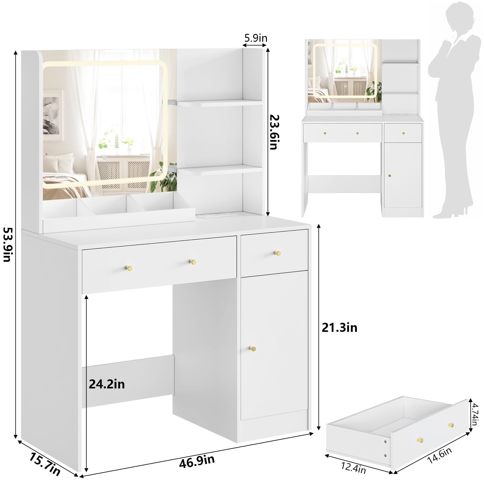 SUGIFT Makeup Vanity Desk Dressing Table with LED Lights & Power Strip - White