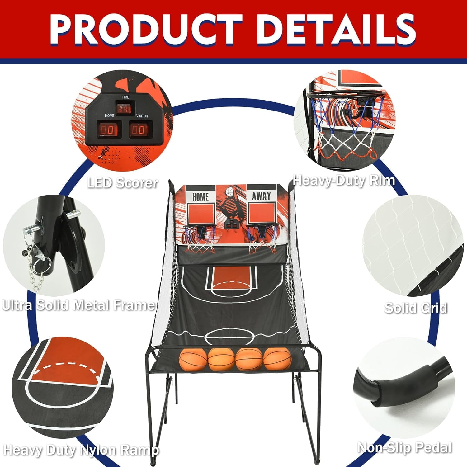 SUGIFT Foldable Basketball Arcade Game Indoor Basketball Hoop Arcade Balls and LED Scoring System Electronic Dual Shot 2 Player Arcade Basketball Game for Home Game Room Black