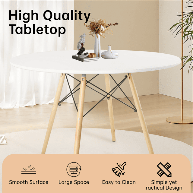 SUGIFT 42in Round Modern Wood Dining Table w/ Beech Wood Legs, Metal Frame - White
