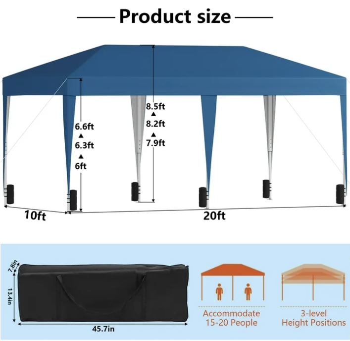 SUGIFT 10x20ft Pop Up Canopy Tent Easy Setup Outdoor Canopy for Outdoor Events, Party, Wedding Blue
