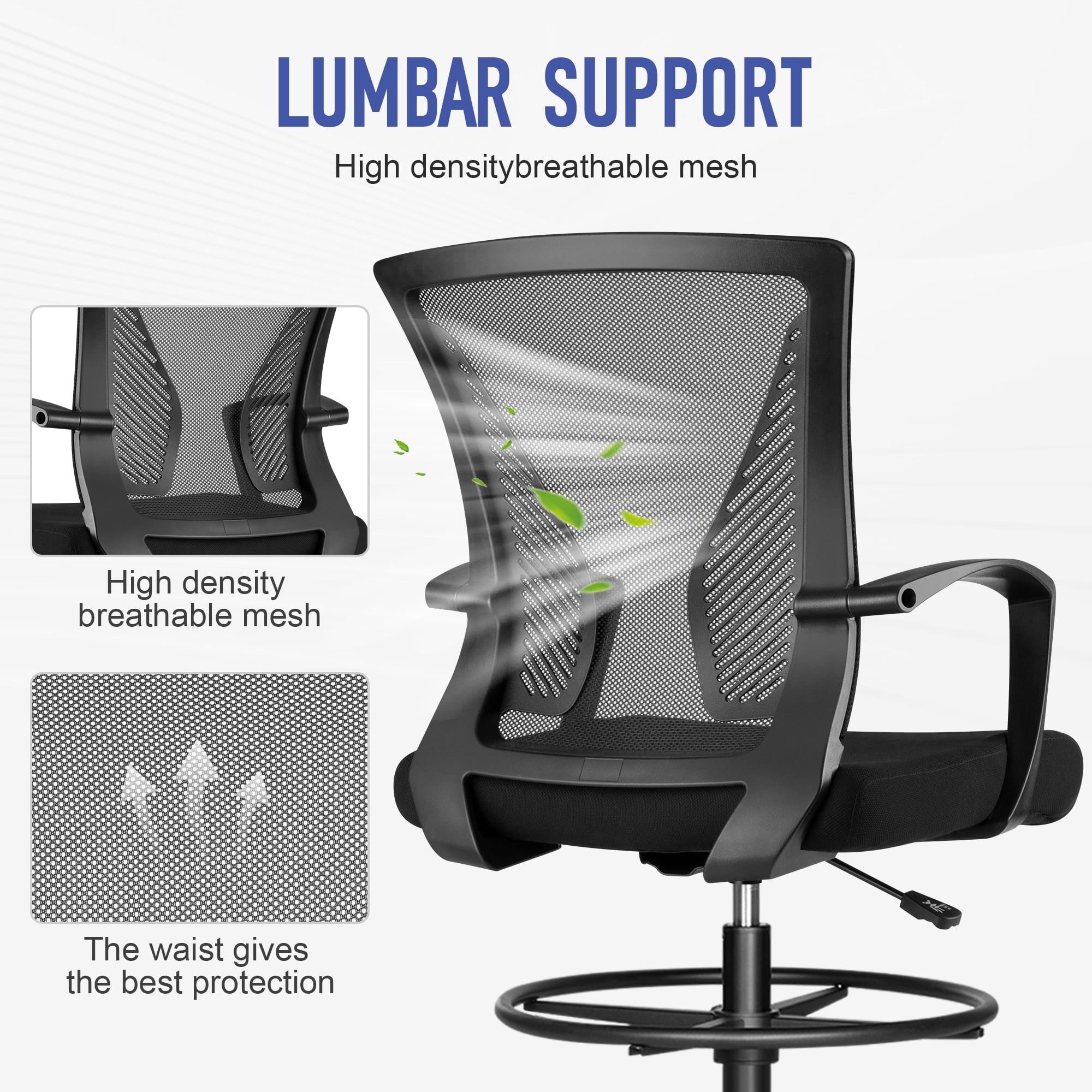 SUGIFT Drafting Chair Tall Office Chair with Lumbar Support and Adjustable Footrest Ring, Black