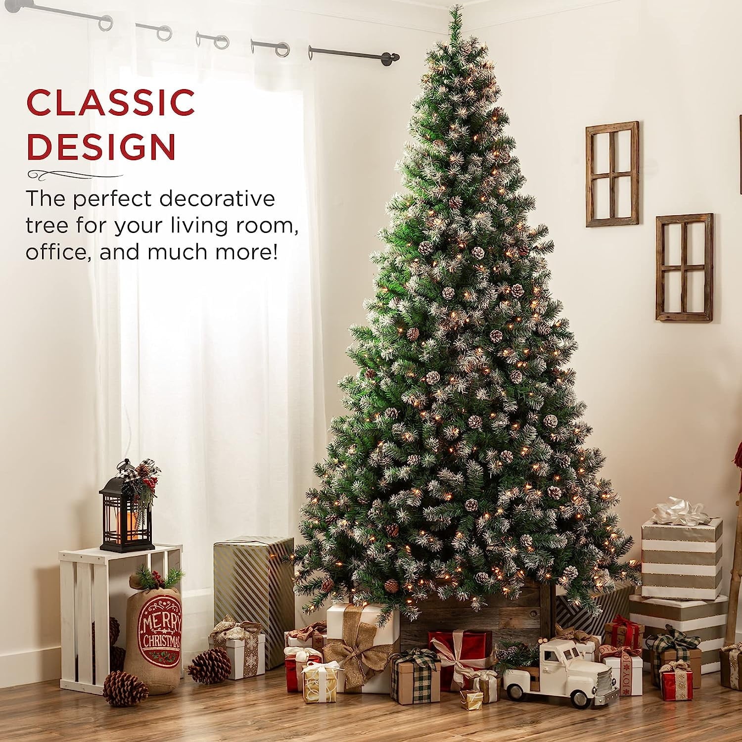 SUGIFT 7.5ft Pre-Lit Pre-Decorated Pine Hinged Artificial Christmas Tree