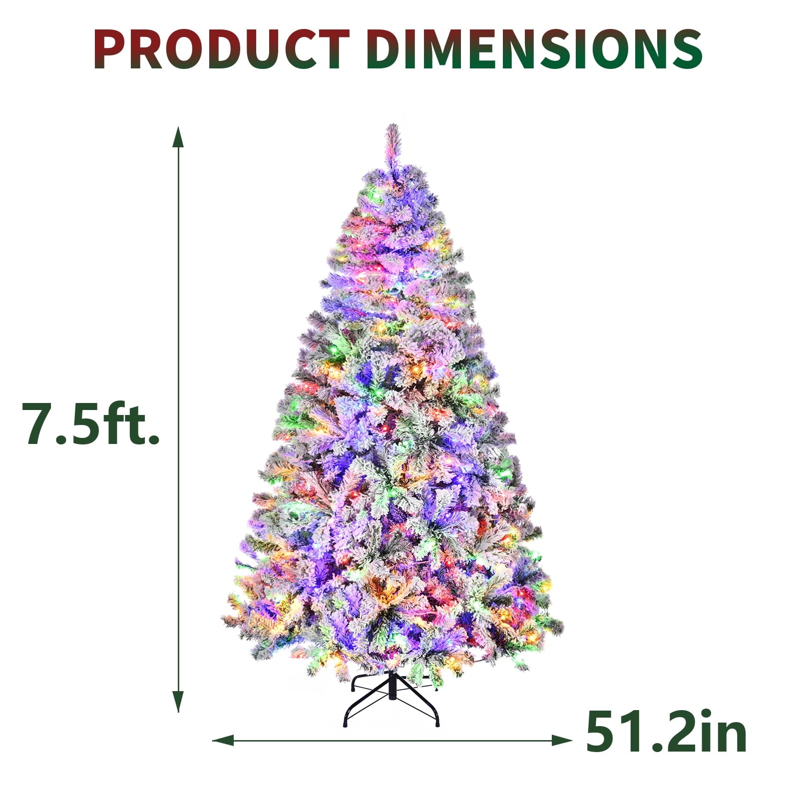TBKLEY 7.5ft Prelit Snow Flocked Artificial Holiday Christmas Tree, 600 Warm White & Multi-Color Lights for Home, Office, Party Decoration, White
