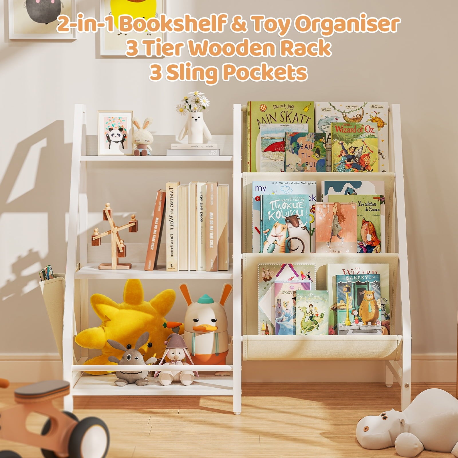 SUGIFT Kids Bookshelf Toy Storage Organizer with Side Pockets 3 Layer Sling Bookcase for Playroom Kids Bedroom Nursery White