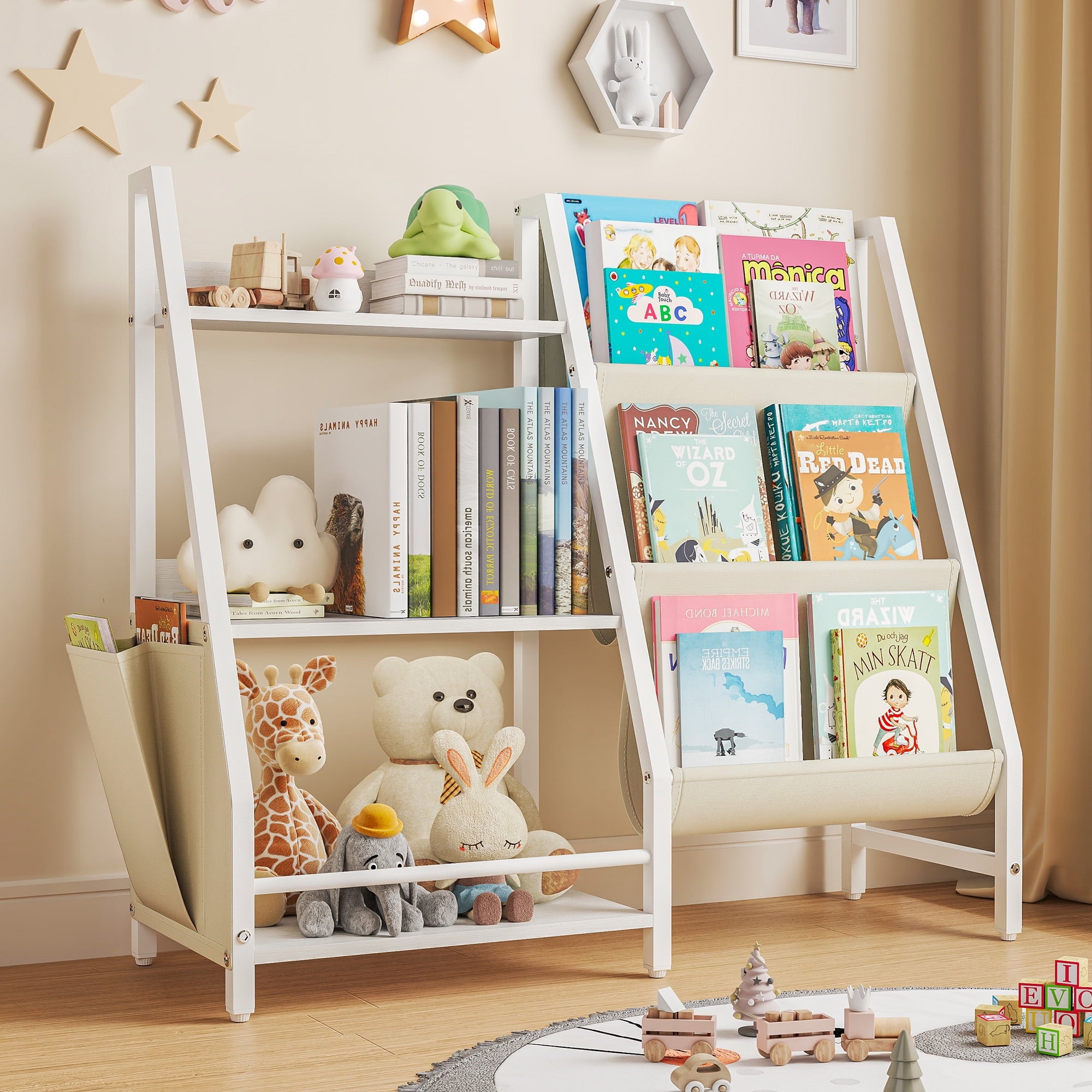 SUGIFT Kids Bookshelf Toy Storage Organizer with Side Pockets 3 Layer Sling Bookcase for Playroom Kids Bedroom Nursery White