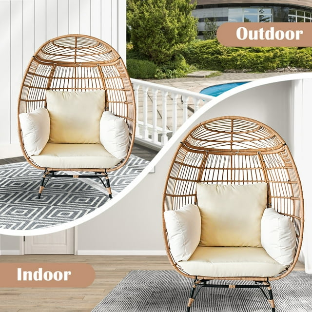 SUGIFT Wicker Egg Chair Oversized Indoor Outdoor Patio Lounger with Steel Frame, 440lb Capacity, Beige