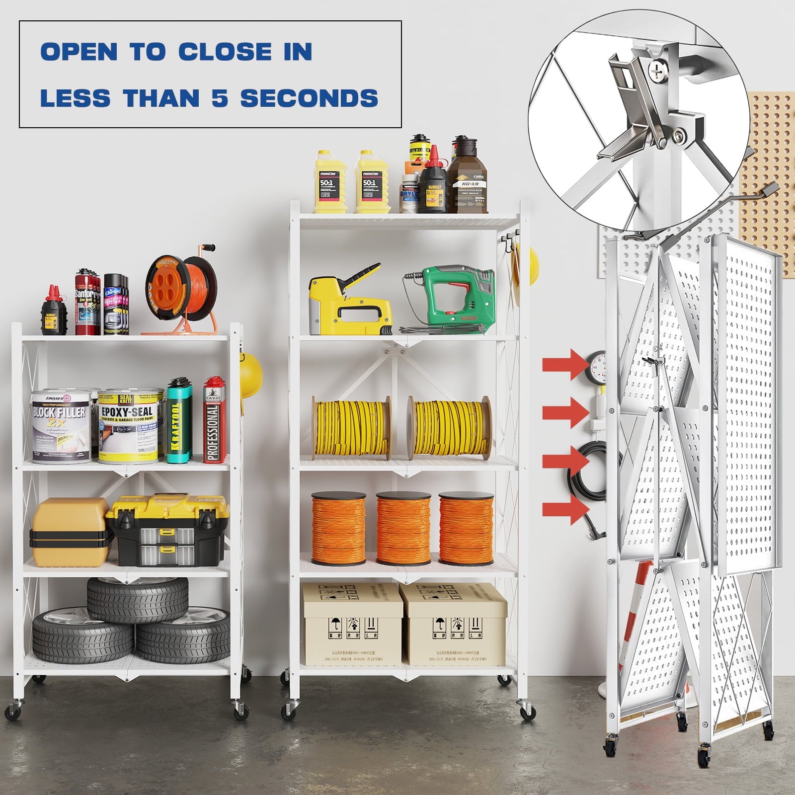 Vebreda 4-Tier Folding Storage Shelves Metal Folding Shelves with Wheels, 600Lbs Capacity, White
