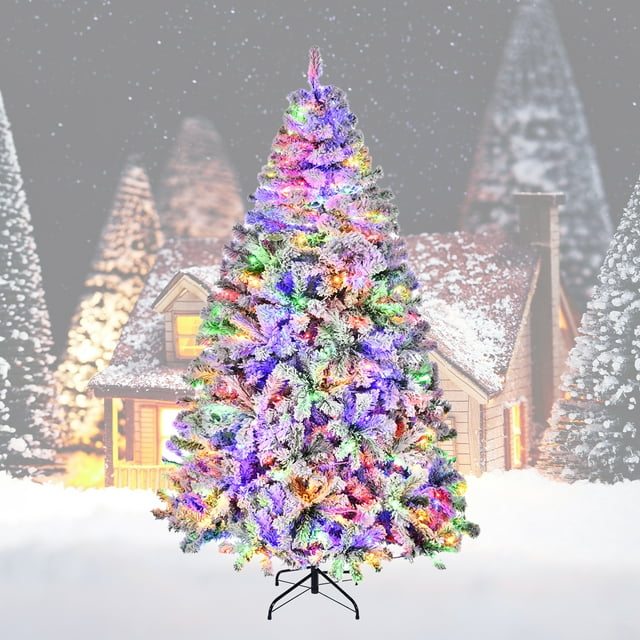 TBKLEY 7.5ft Prelit Snow Flocked Artificial Holiday Christmas Tree, 600 Warm White & Multi-Color Lights for Home, Office, Party Decoration, White