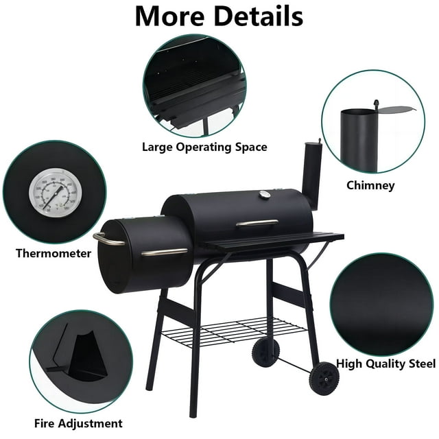 YouYeap Outdoor Portable BBQ Charcoal Grill with Offset Smoker, Black